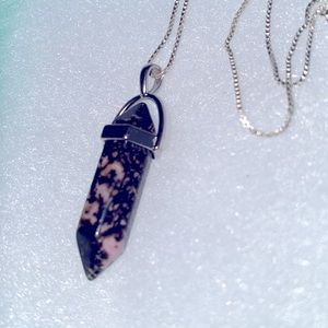 Boho natural pink and black Rhodonite Silver Neckl…